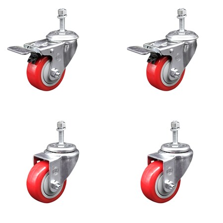 Service Caster 3.5 Inch SS Red Poly 3/8 Inch Threaded Stem Caster Total Lock Brake SCC, 2PK SSTSTTL20S3514-PPUB-RED-381615-2-S-2